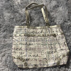 Coach White and Gold Graphic Tote Bag